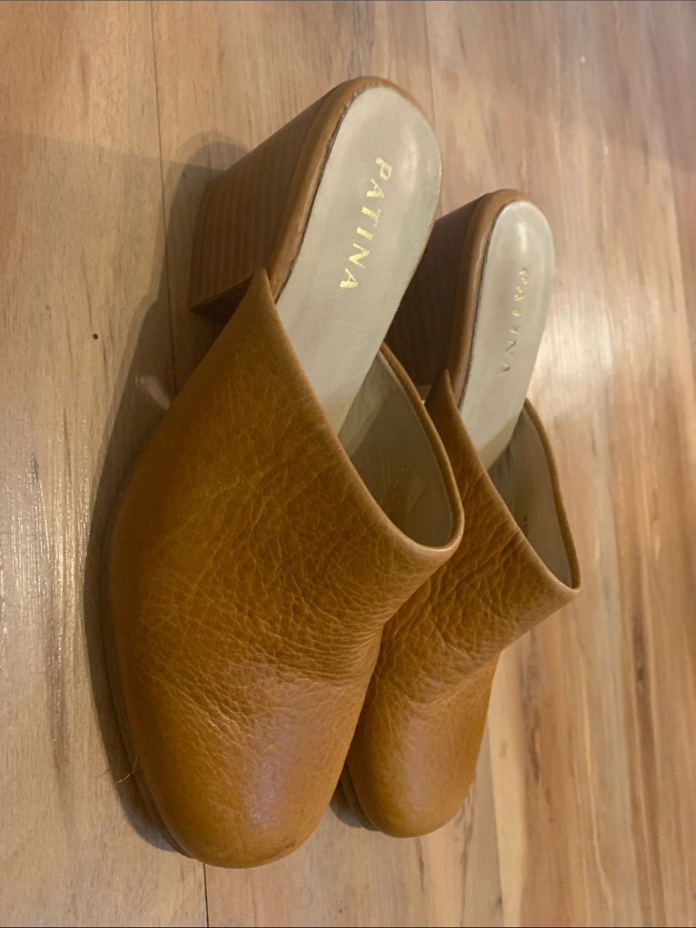 Patina Tan Leather Slip-On Block Heel Mules
